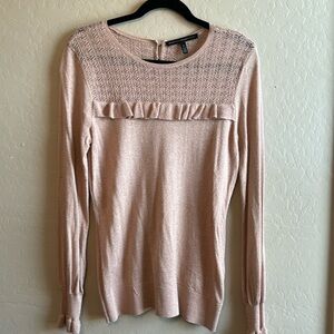 White House Black Market blush with gold shimmer ruffle detailed sweater size M